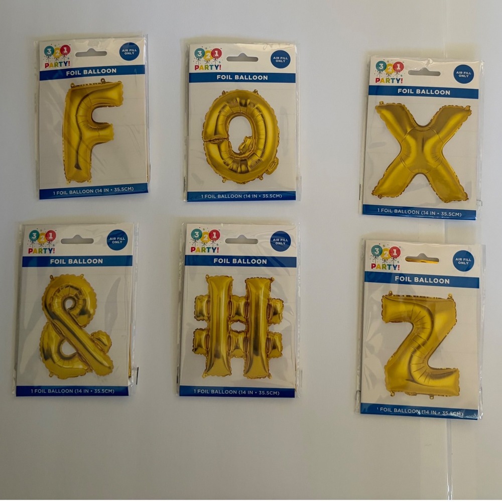 321 Party Gold Foil Balloons 14 Inch O X Z F Hashtag Ampersand Set‎ of 6 NIP